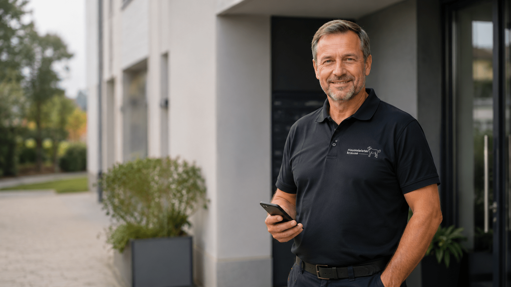 Freundlicher Ansprechpartner von Hausmeister Krause vor einem Gebäudeeingang