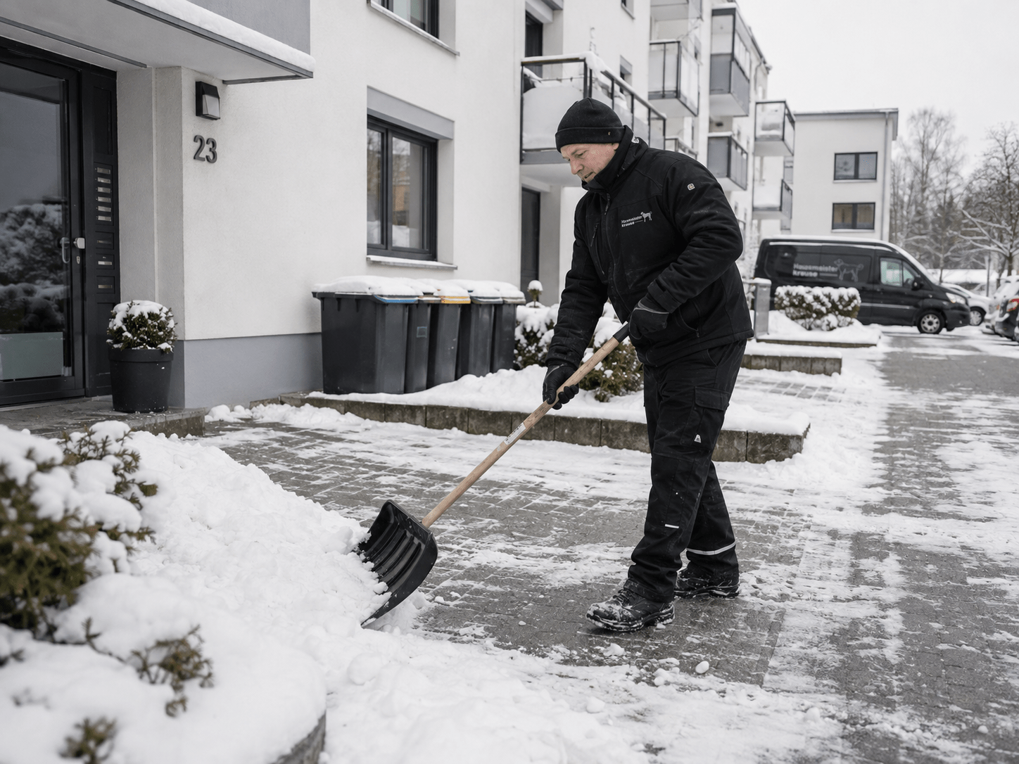 Hausmeister Krause räumt Schnee auf einem vereinbarten Gehweg vor einer Wohnanlage