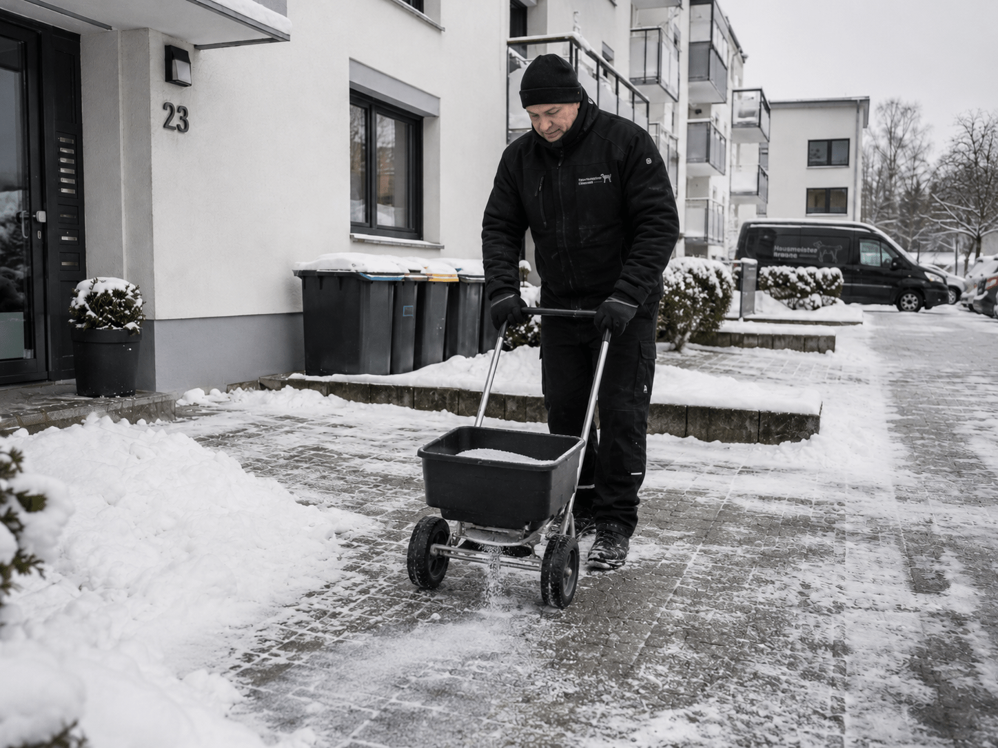 Hausmeister Krause streut geeignetes Material auf einem winterlichen Gehweg