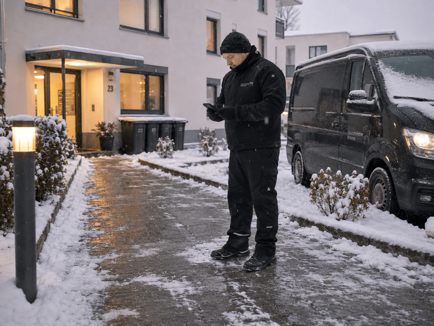 Hausmeister Krause kontrolliert bei wechselnder Wetterlage einen geräumten und gestreuten Zugangsweg