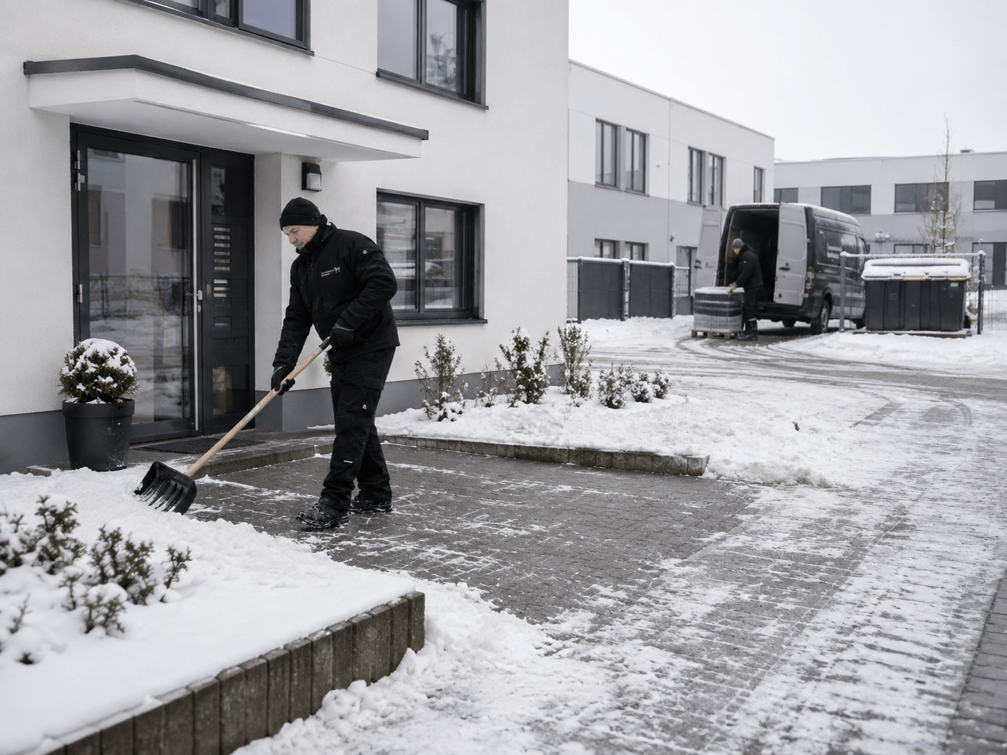 Hausmeister Krause räumt einen priorisierten Hauptzugang und eine betriebliche Lieferzone