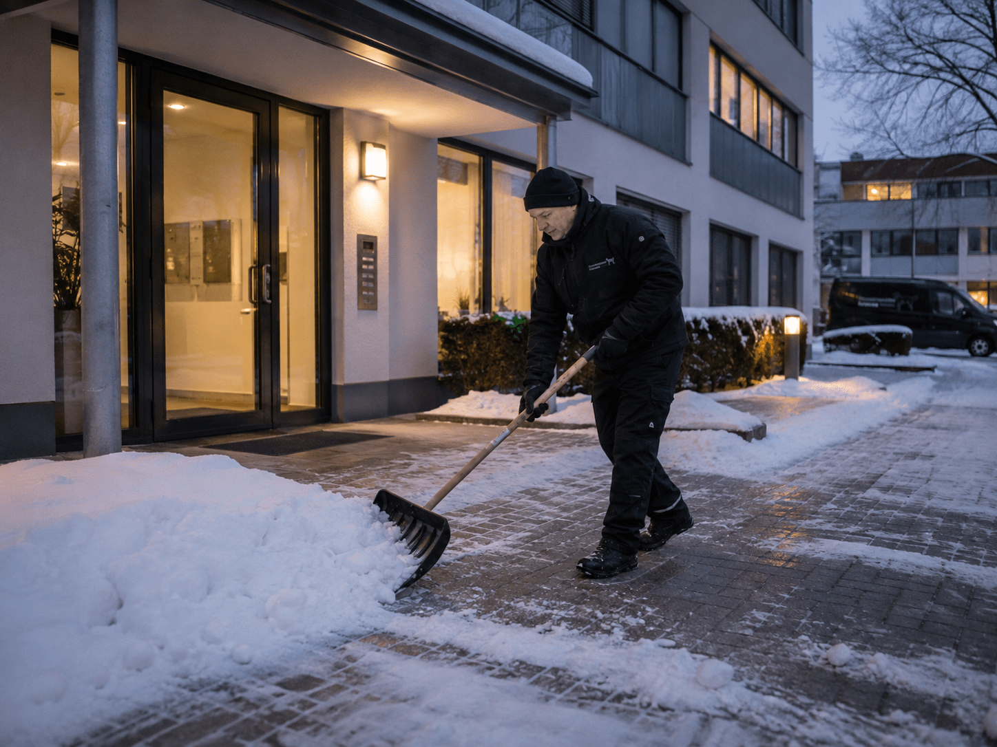 Hausmeister Krause räumt frühzeitig vor Öffnungsbeginn den Eingang eines Gebäudes