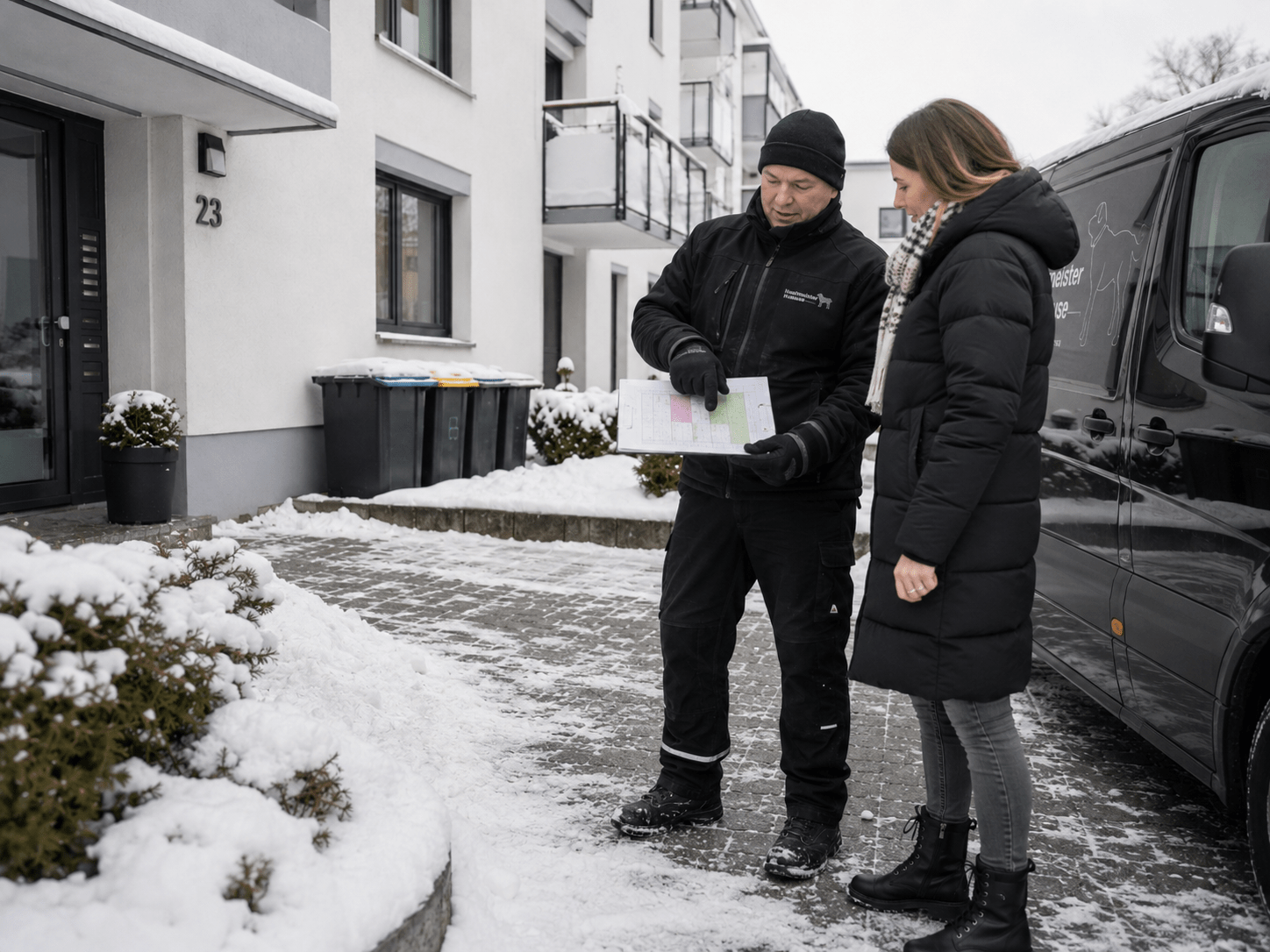 Hausmeister Krause stimmt einen saisonalen Winterdienst-Flächenplan mit einer Ansprechpartnerin ab