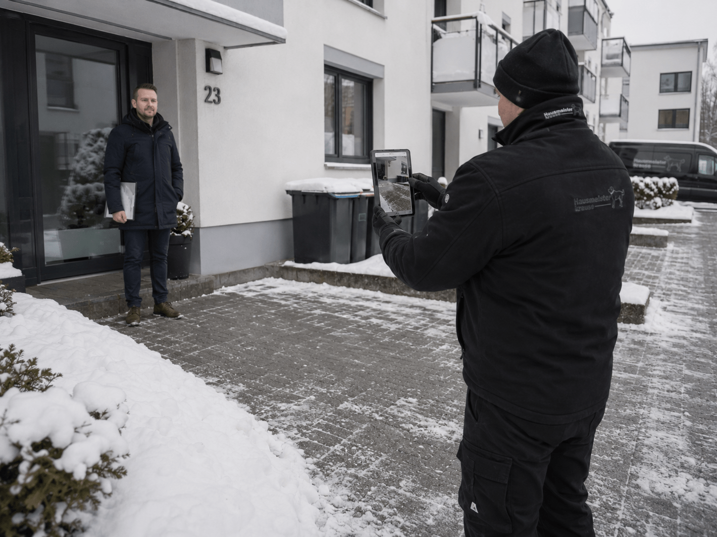 Hausmeister Krause dokumentiert einen abgeschlossenen Winterdiensteinsatz mit einem Tablet