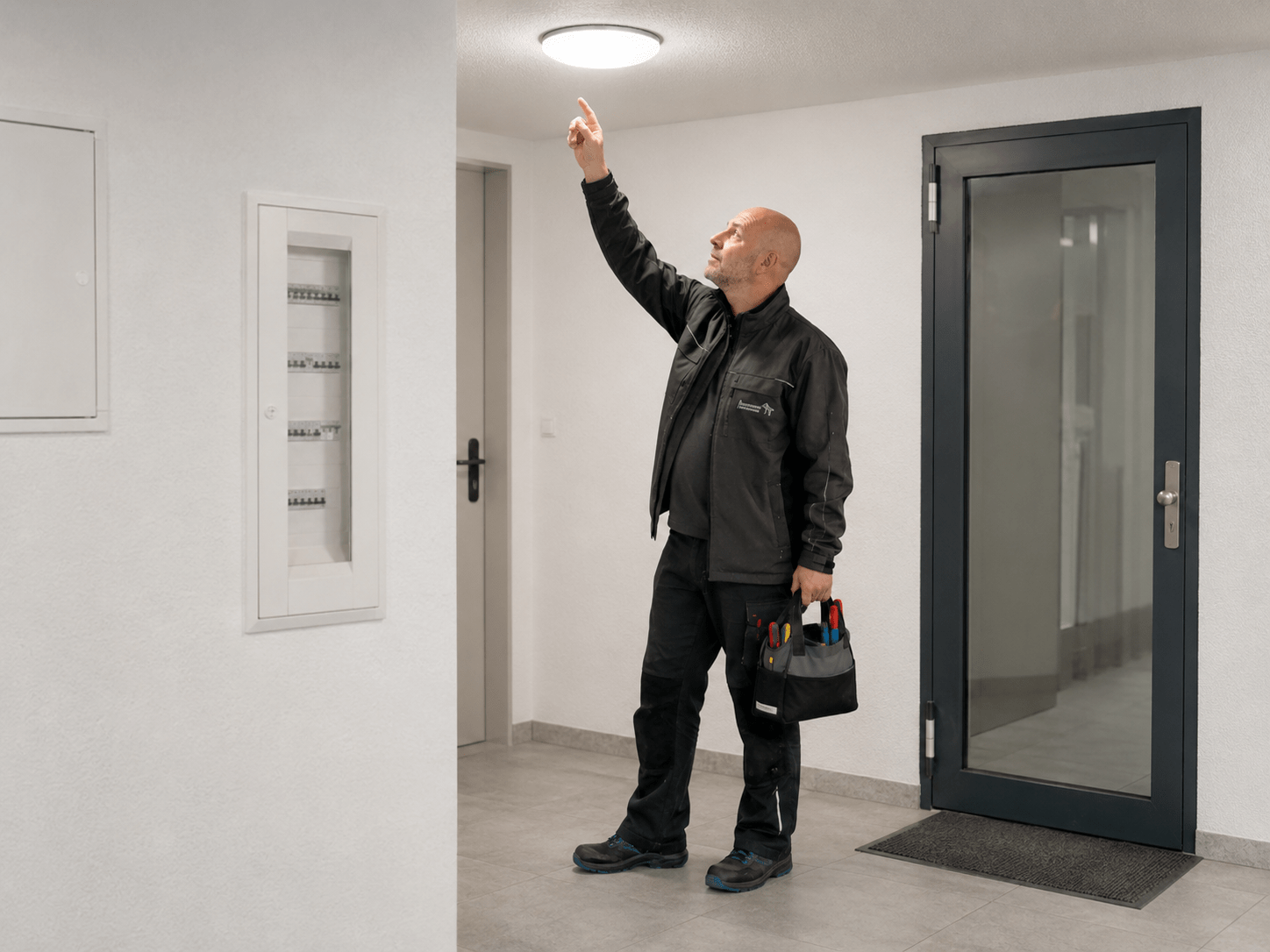 Hausmeister Krause prüft die Beleuchtung und sichtbare technische Einrichtungen in einem modernen Hausflur