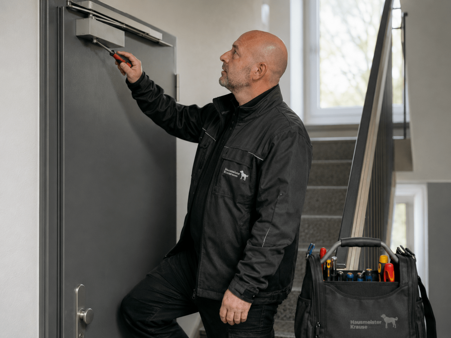 Hausmeister Krause führt eine kleine Reparatur an einem Türschließer im Treppenhaus aus