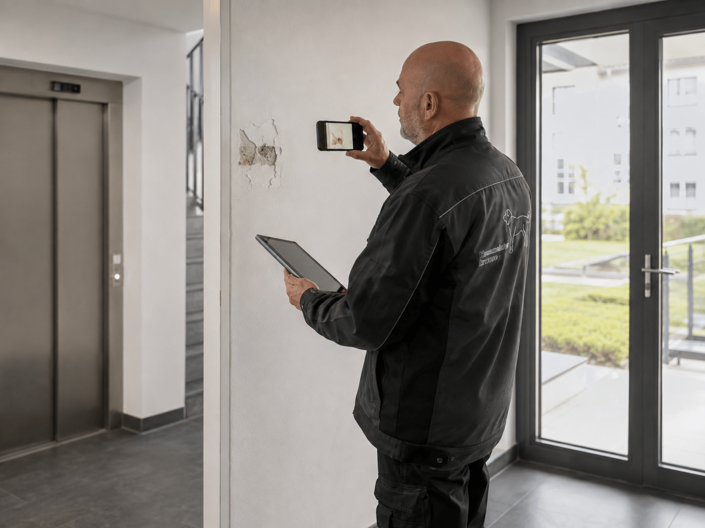 Hausmeister Krause fotografiert und dokumentiert eine beschädigte Wandstelle in einem Gebäude
