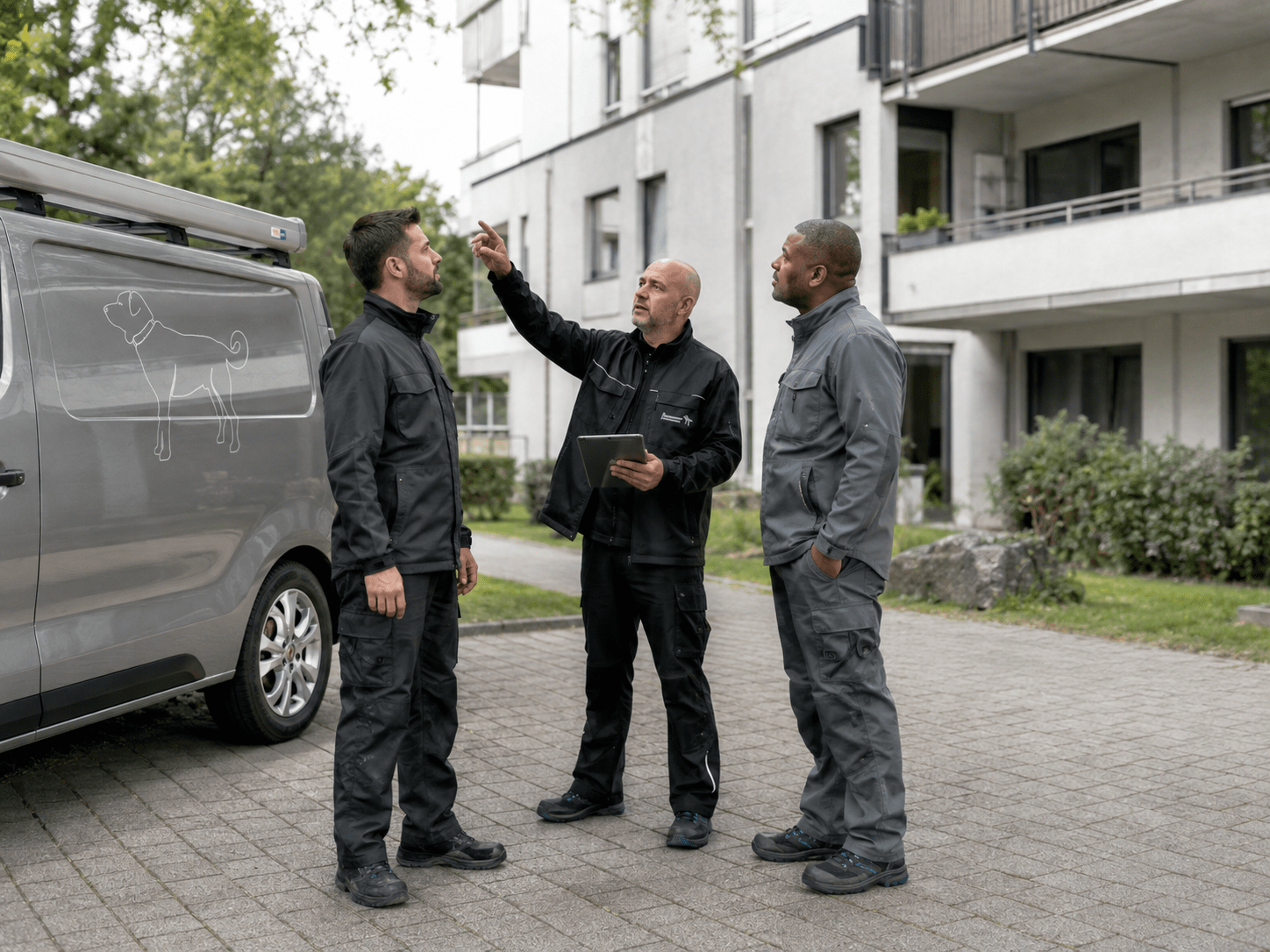 Hausmeister Krause koordiniert vor einer Wohnanlage zwei externe Handwerker und bespricht die nächsten Arbeiten
