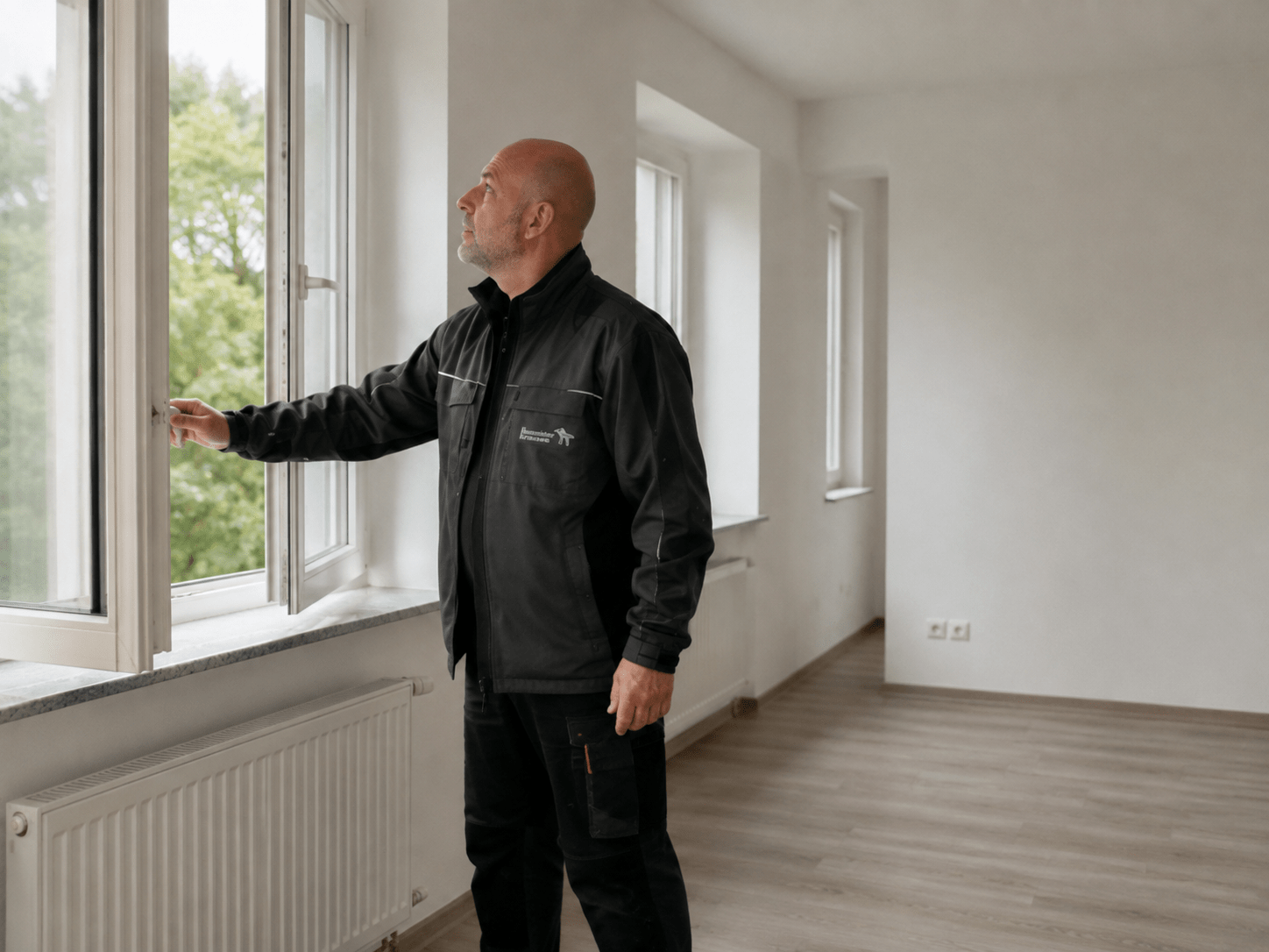 Hausmeister Krause öffnet in einer leerstehenden Wohnung ein Fenster und kontrolliert den Zustand der Räume