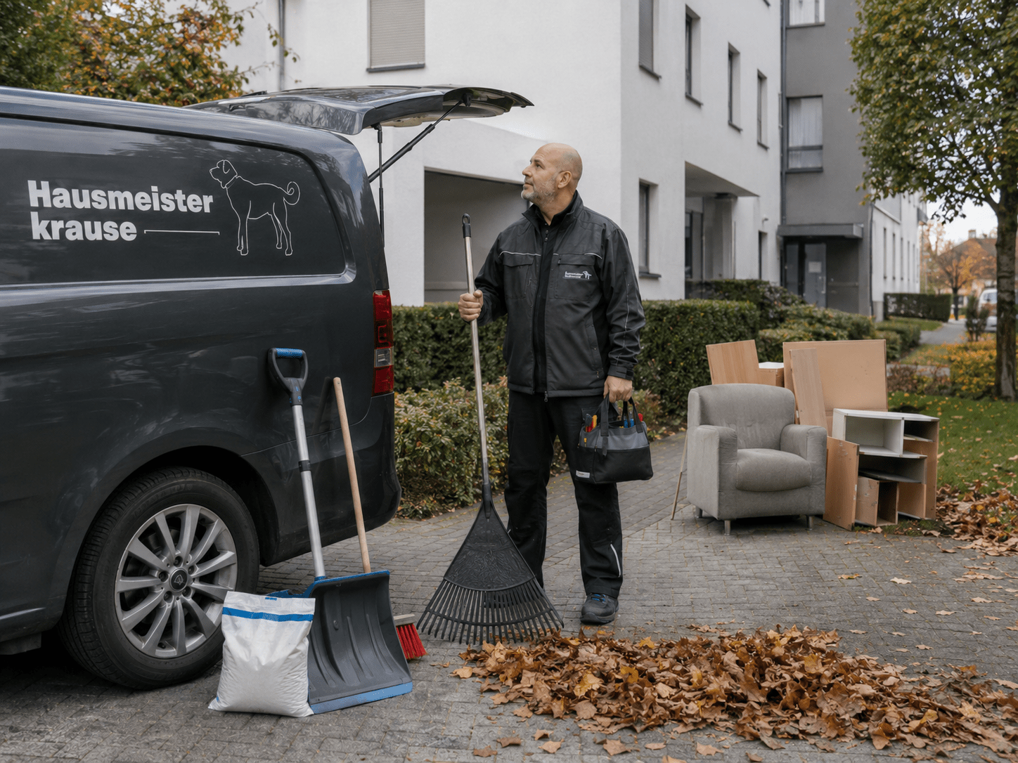 Hausmeister Krause mit Servicefahrzeug, Gartenwerkzeugen, Laub, Winterdienstausrüstung und bereitgestellten Gegenständen für eine Entrümpelung