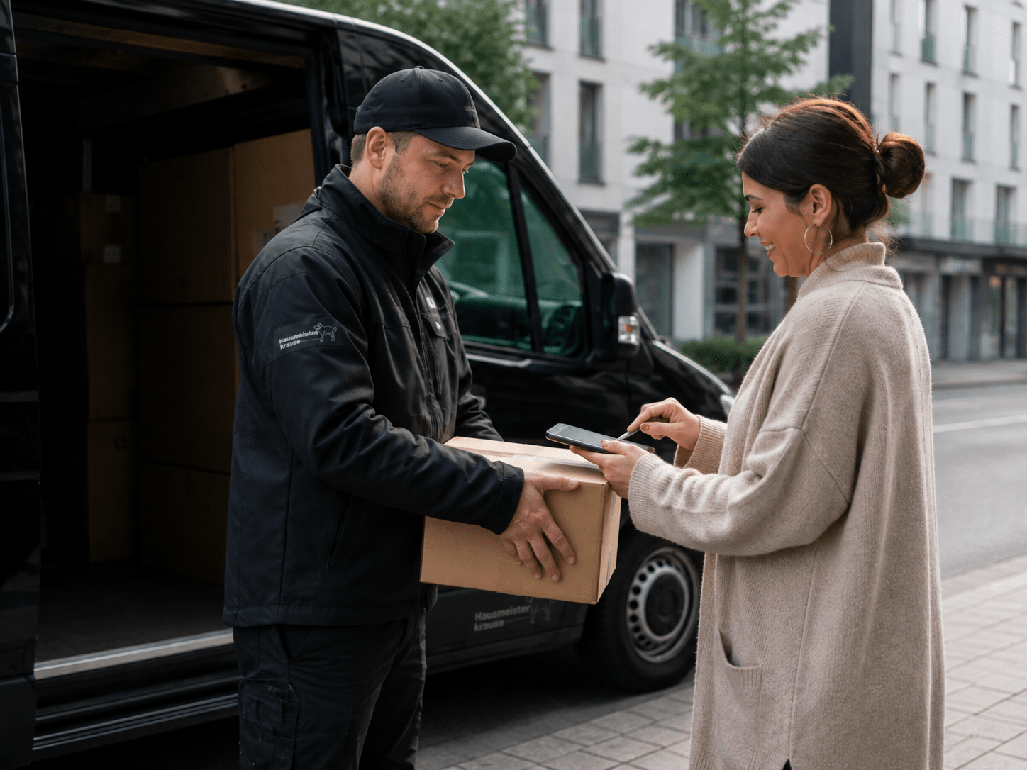 Kurierfahrer prüft verschiedene zeitkritische Sendungen im Transportfahrzeug