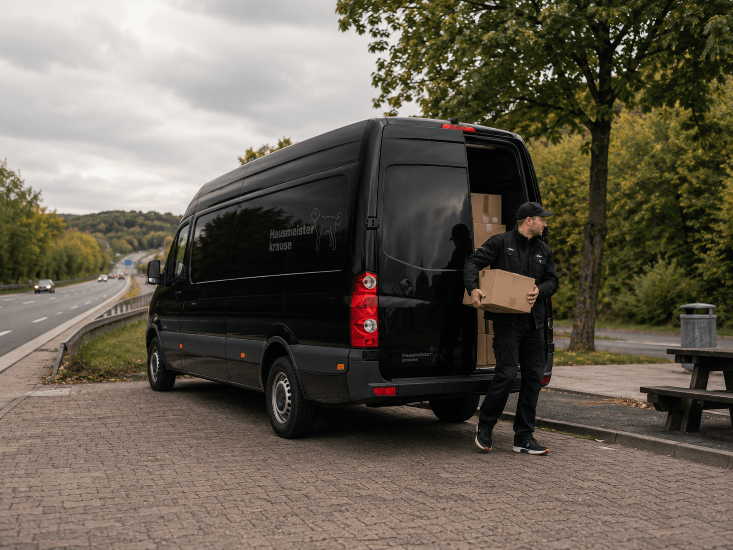 Schwarzer Kuriertransporter von Hausmeister Krause bei einer regionalen oder überregionalen Fahrt