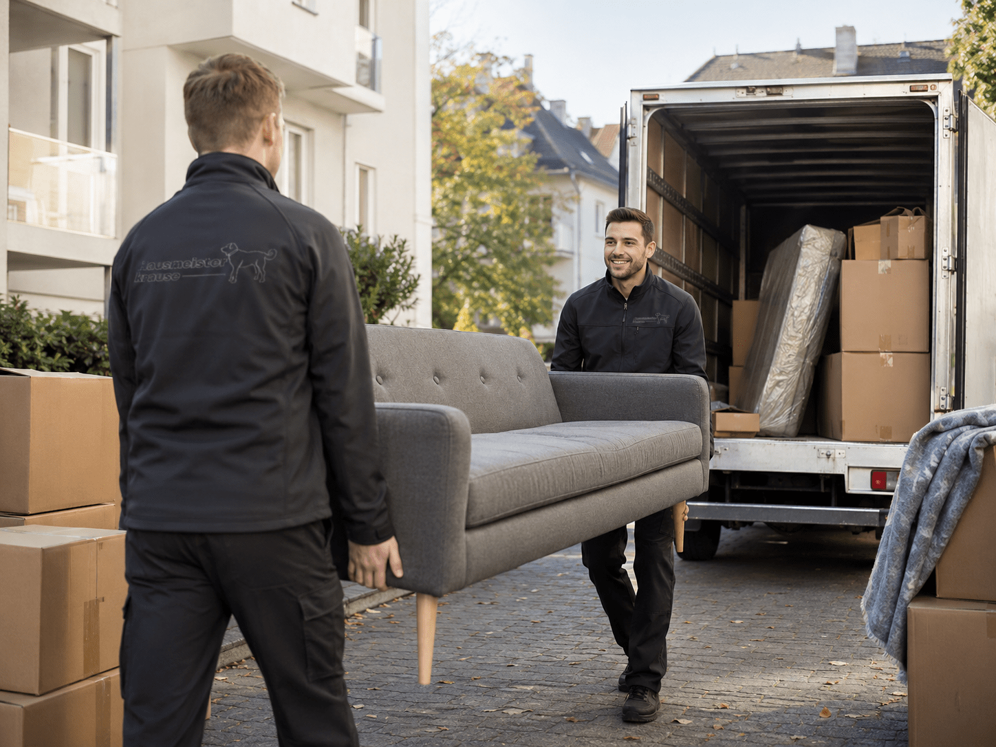 Hausmeister Krause transportiert bei einem Privatumzug Möbel und Umzugskartons zu einem Umzugsfahrzeug