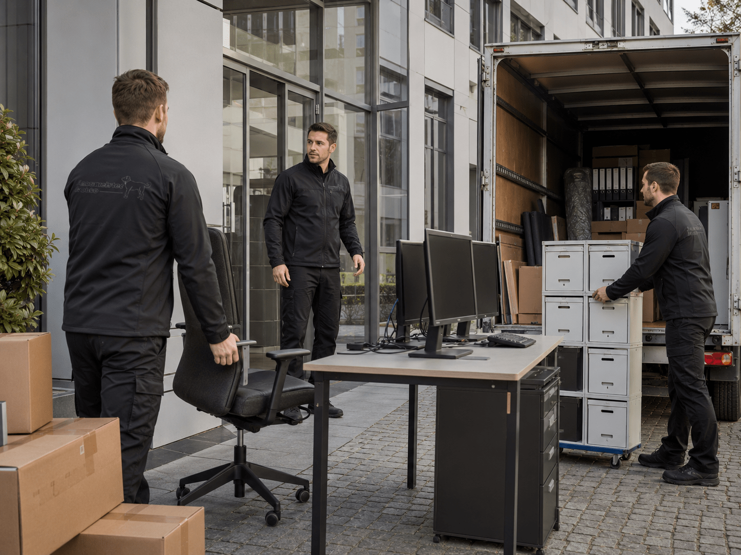 Hausmeister Krause führt einen organisierten Gewerbe- und Büroumzug an einem modernen Bürogebäude durch