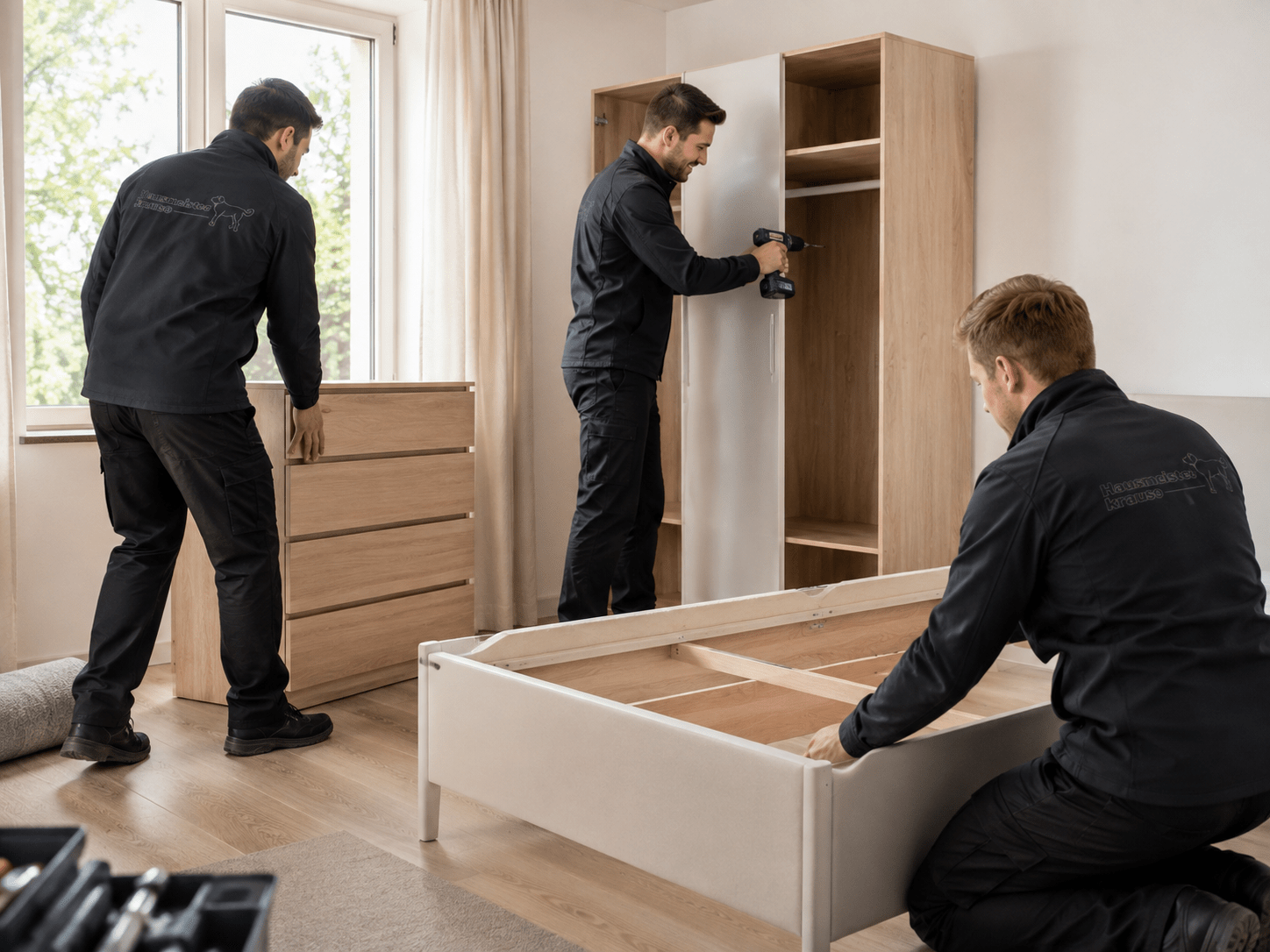Hausmeister Krause baut vereinbarte Möbel in einer Wohnung auf und platziert sie am Zielort