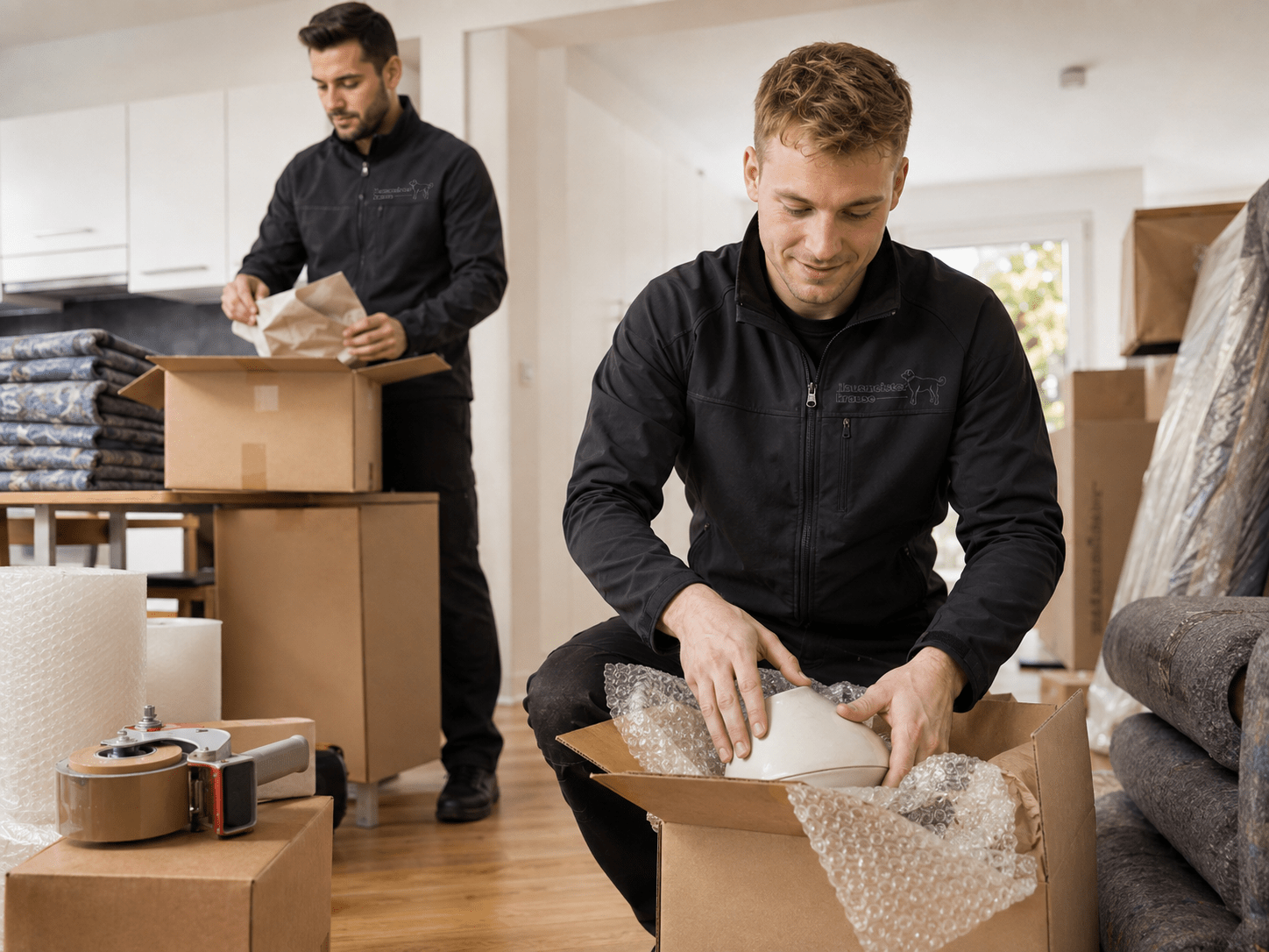 Hausmeister Krause verpackt Haushaltsgegenstände sorgfältig mit geeignetem Verpackungsmaterial