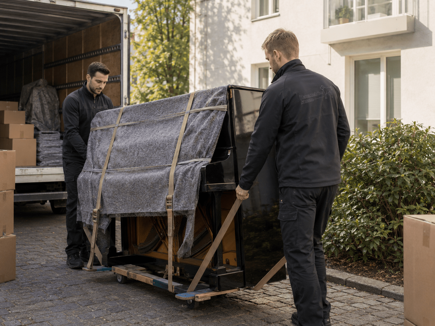 Hausmeister Krause transportiert einen empfindlichen und schwer handhabbaren Gegenstand mit Schutzdecken und Tragehilfen