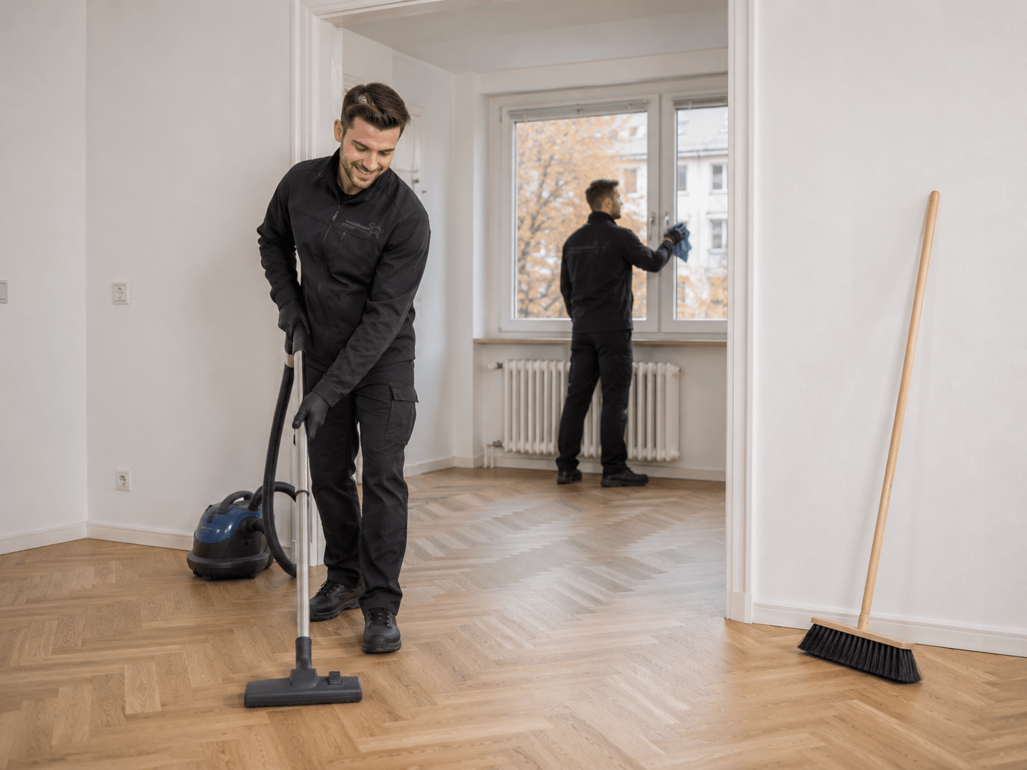Hausmeister Krause reinigt die geräumten alten Räume für eine besenreine Übergabe