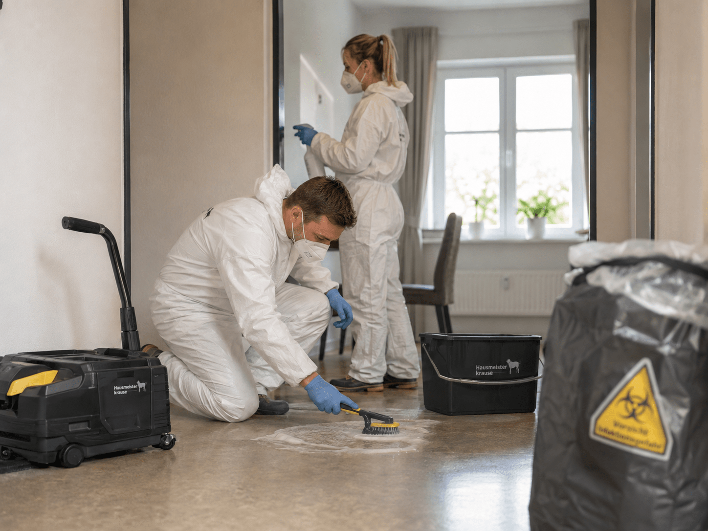 Hausmeister Krause entfernt starke Verunreinigungen mit Schutzausrüstung und professionellen Verfahren