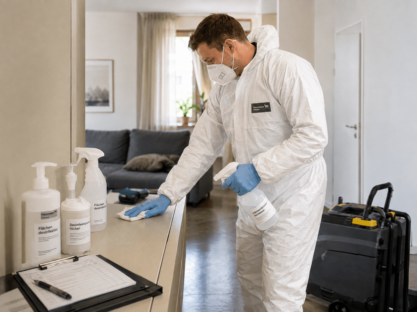 Mitarbeiter von Hausmeister Krause reinigt und desinfiziert betroffene Flächen in einer Wohnung