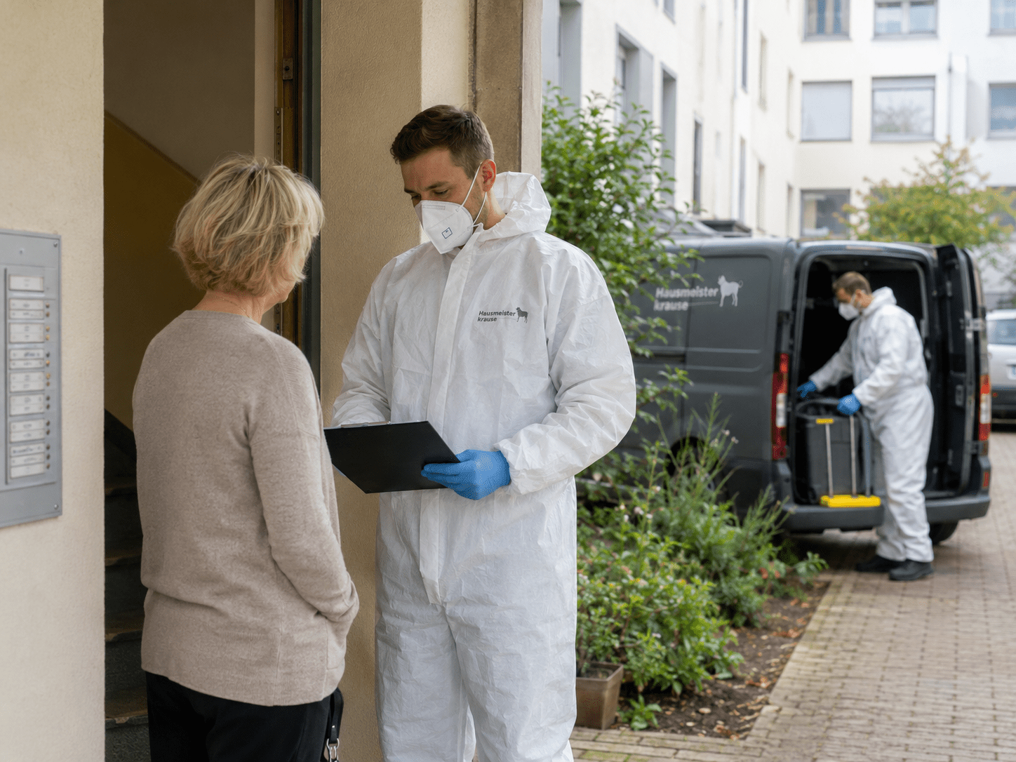 Diskretes Gespräch zwischen Hausmeister Krause und einer Auftraggeberin vor einem Wohnhaus