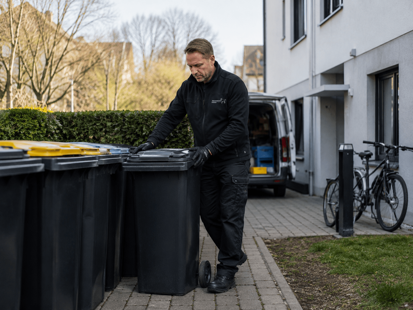 Hausmeister Krause beim Mülltonnenservice an einer gepflegten Wohnanlage