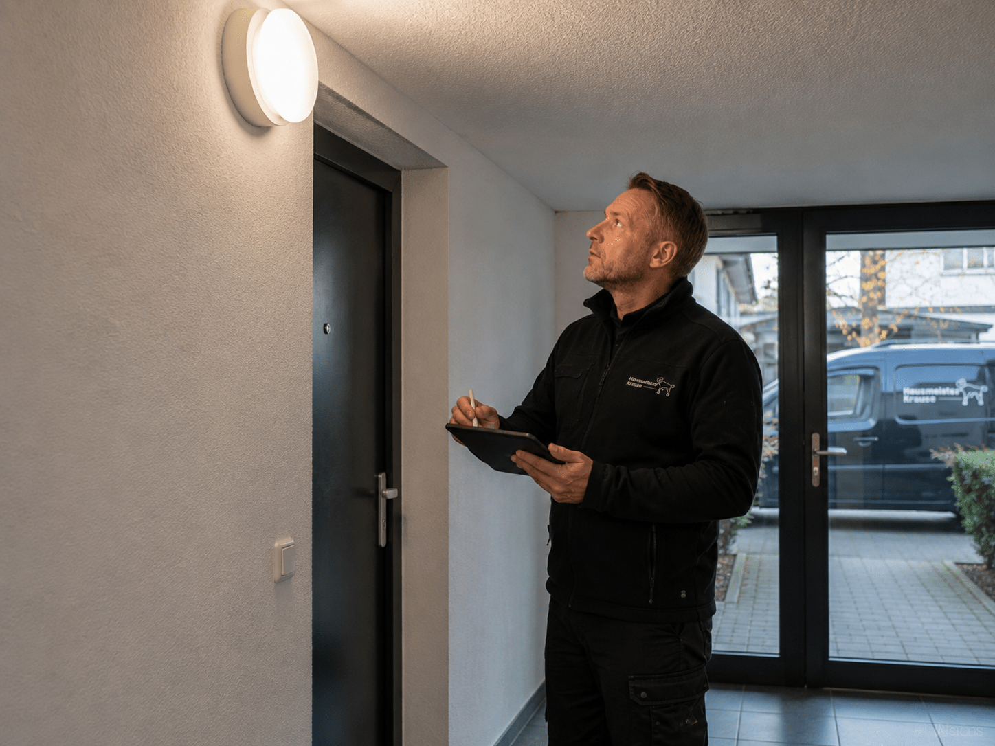 Hausmeister Krause kontrolliert die Beleuchtung und dokumentiert erkennbare Mängel